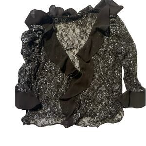Vintage Sheer Lace Large Black Silver Ruffle Bodice Bell Sleeve Party Cardigan